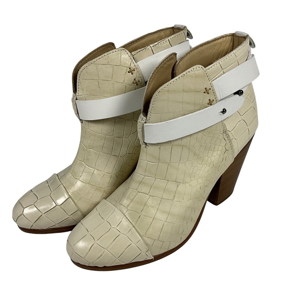 Rag & Bone Harrow Cream Ivory Croc Embossed Leather Ankle Boots EUR 38 US 8
